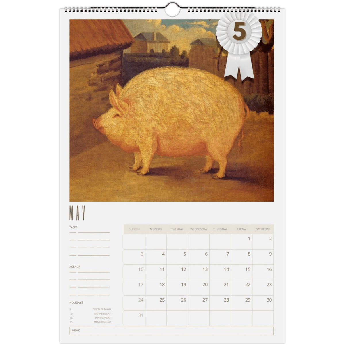 2026 Prize Pigs in Primitive Paintings Wall Calendar - DecorhardcorePrint Material