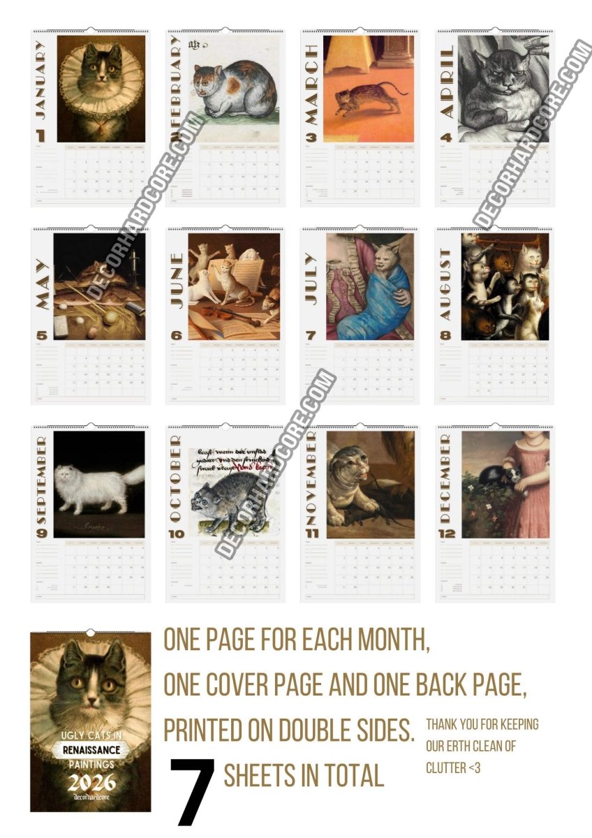 2026 Ugly Cats In Renaissance Paintings Wall Calendar - DecorhardcorePrint Material