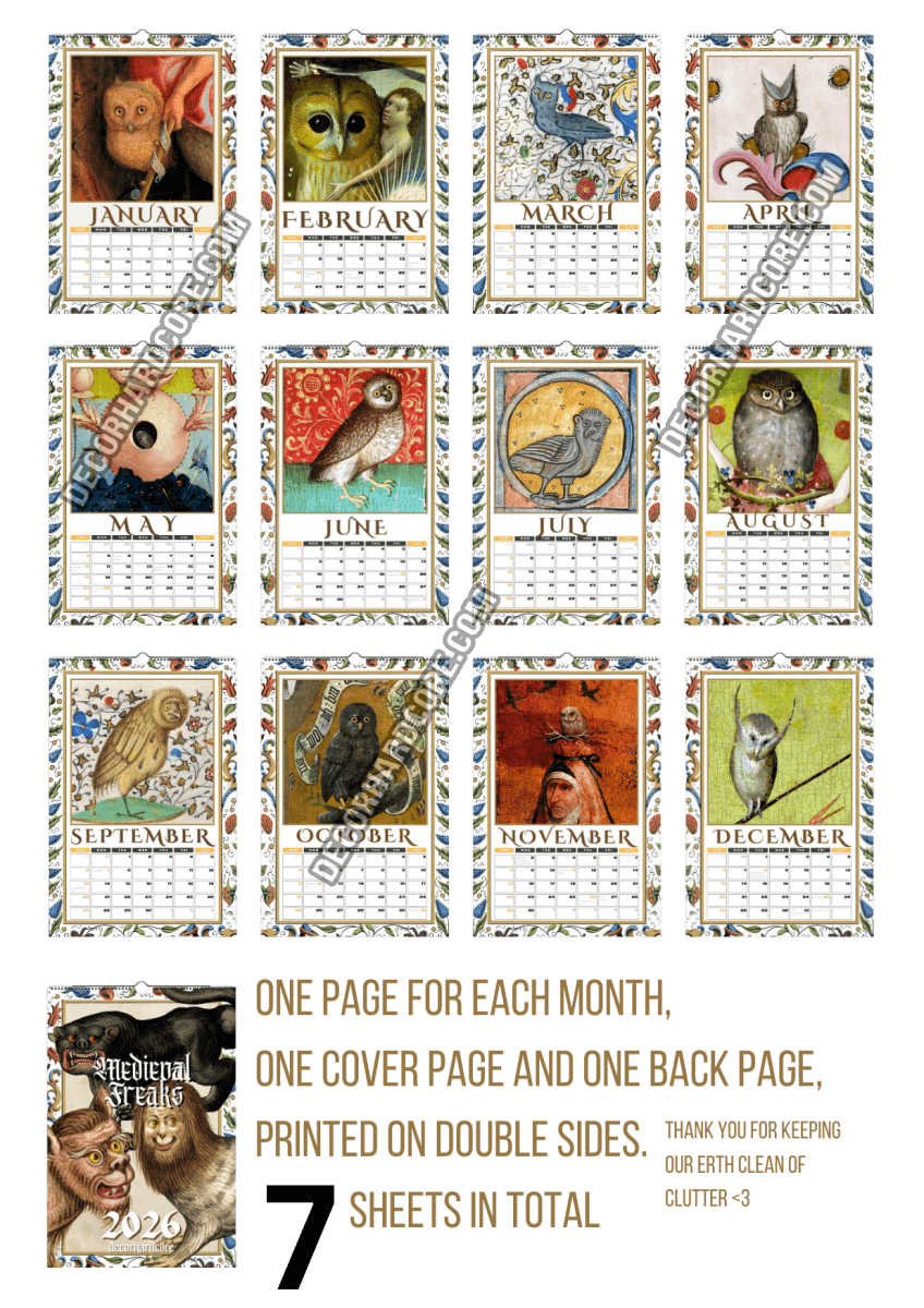 2026 Medieval Owls Calendar - DecorhardcorePrint Material