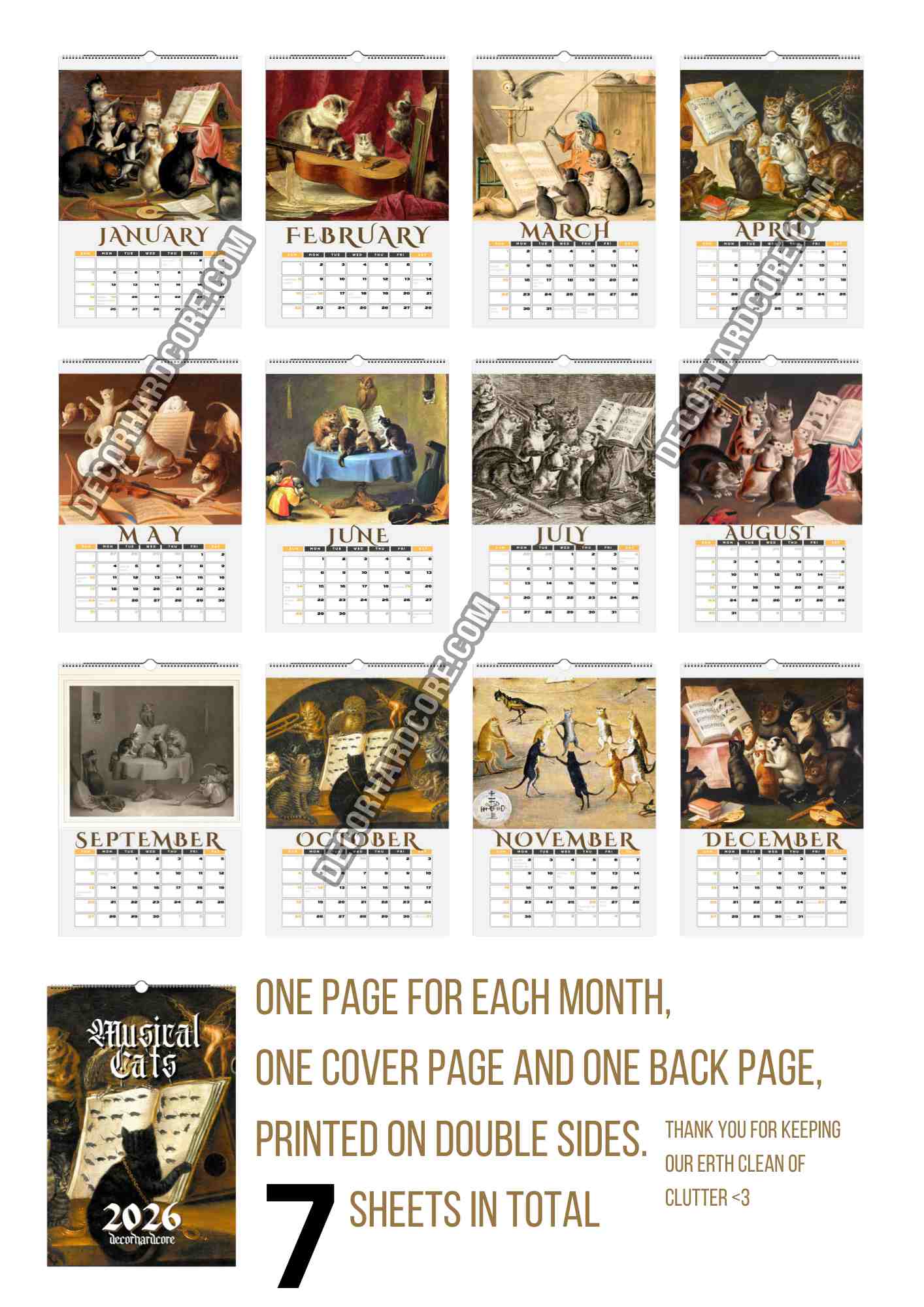 2026 Musical Cats Wall Calendar - DecorhardcorePrint Material