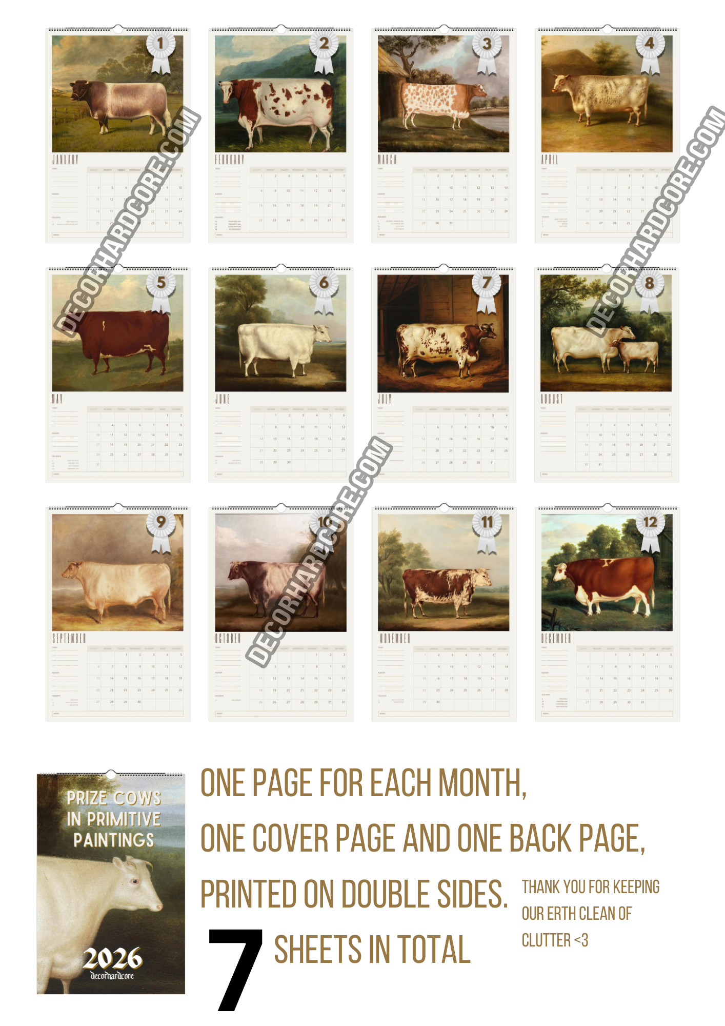 2026 Prize Cows in Primitive Paintings Wall Calendar