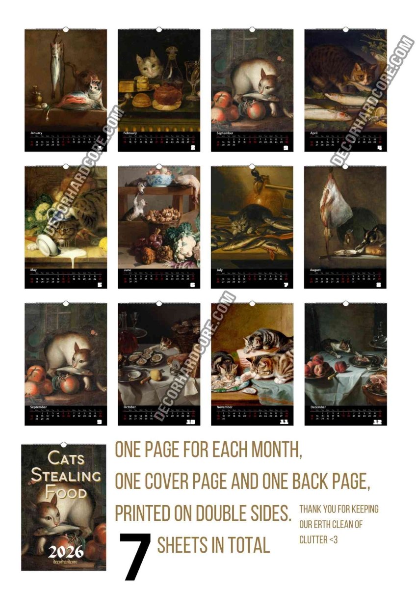 2026 Cats Stealing Food Wall Calendar - DecorhardcorePrint Material