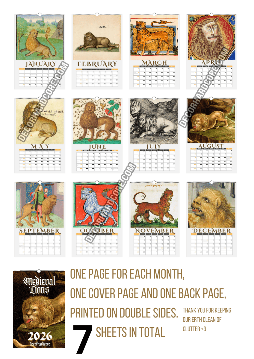 2026 Medieval Lions Wall Calendar - DecorhardcorePrint Material