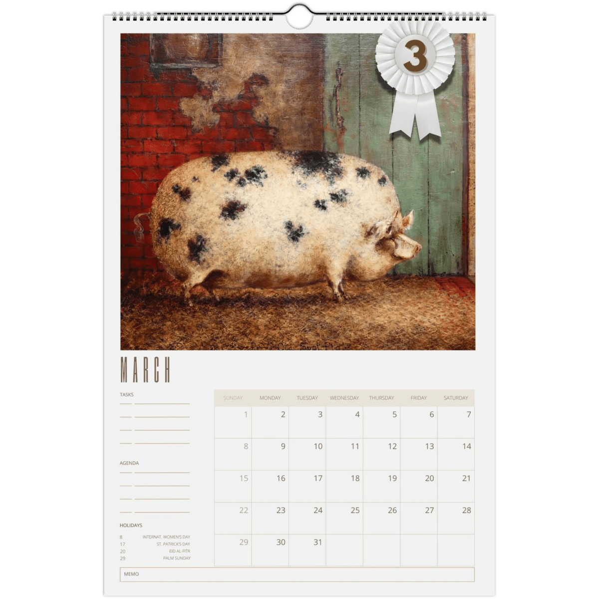 2026 Prize Pigs in Primitive Paintings Wall Calendar - DecorhardcorePrint Material