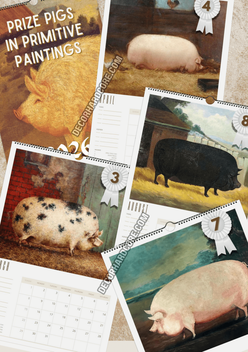 2026 Prize Pigs in Primitive Paintings Wall Calendar - DecorhardcorePrint Material