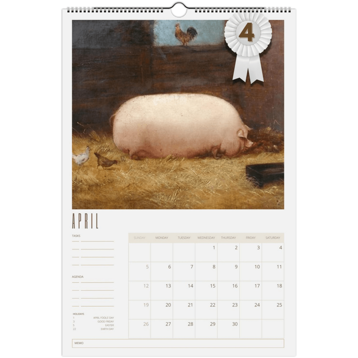 2026 Prize Pigs in Primitive Paintings Wall Calendar - DecorhardcorePrint Material