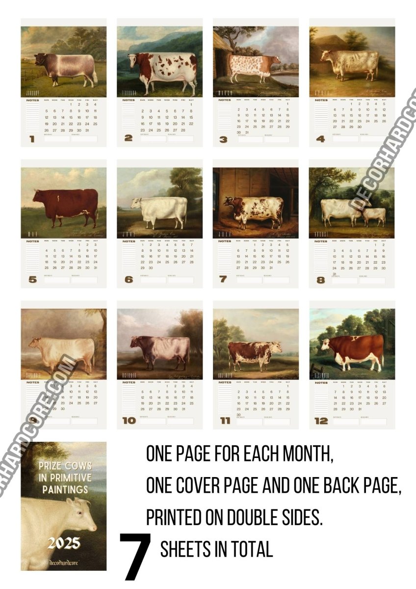 2025 Prize Cows in Primitive Paintings Wall Calendar. - DecorhardcorePrint Material