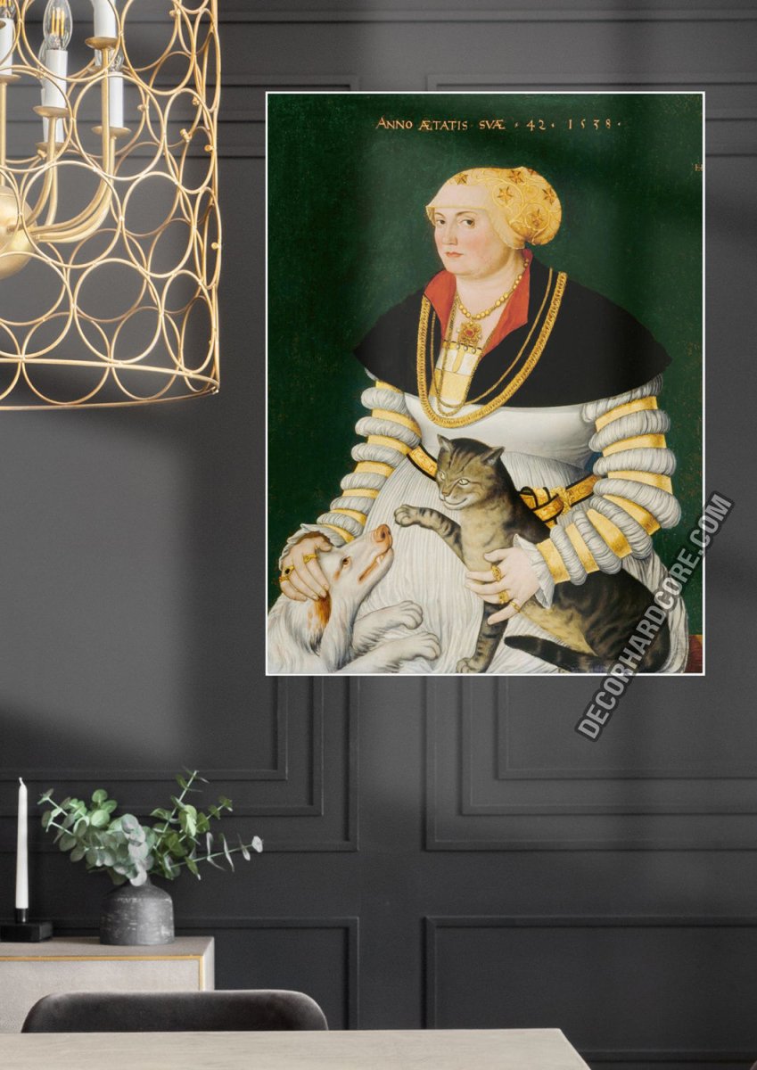 Medieval Painting of a Woman with Cat and a Dog Poster - DecorhardcorePrint Material