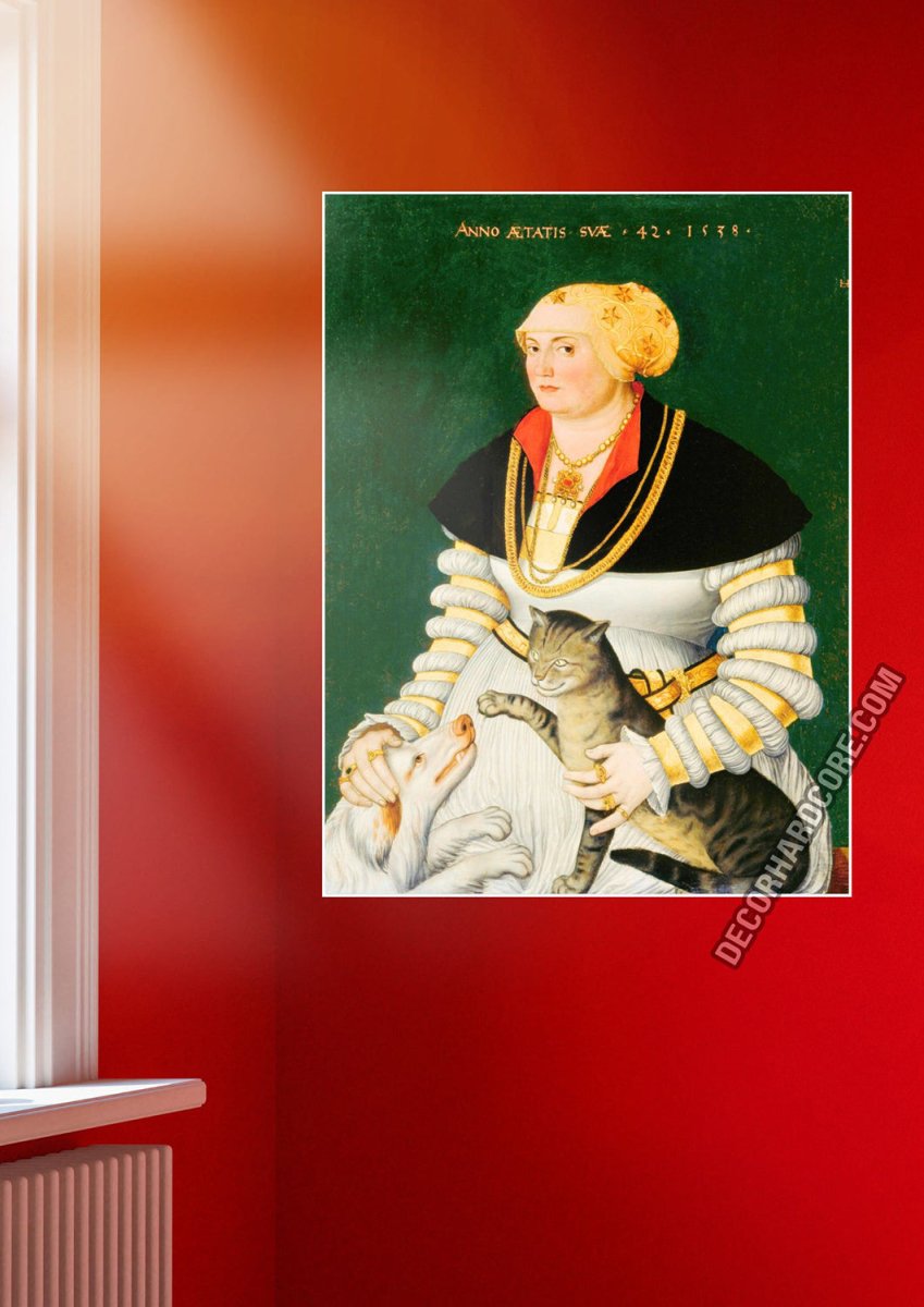 Medieval Painting of a Woman with Cat and a Dog Poster - DecorhardcorePrint Material