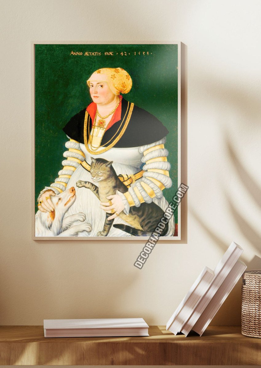 Medieval Painting of a Woman with Cat and a Dog Poster - DecorhardcorePrint Material