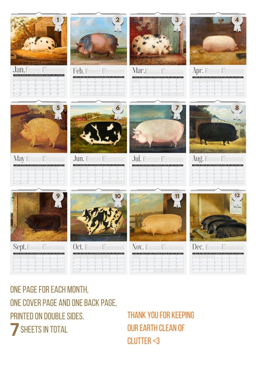 2027 Prize Pigs in Primitive Paintings Wall Calendar - DecorhardcorePrint Material