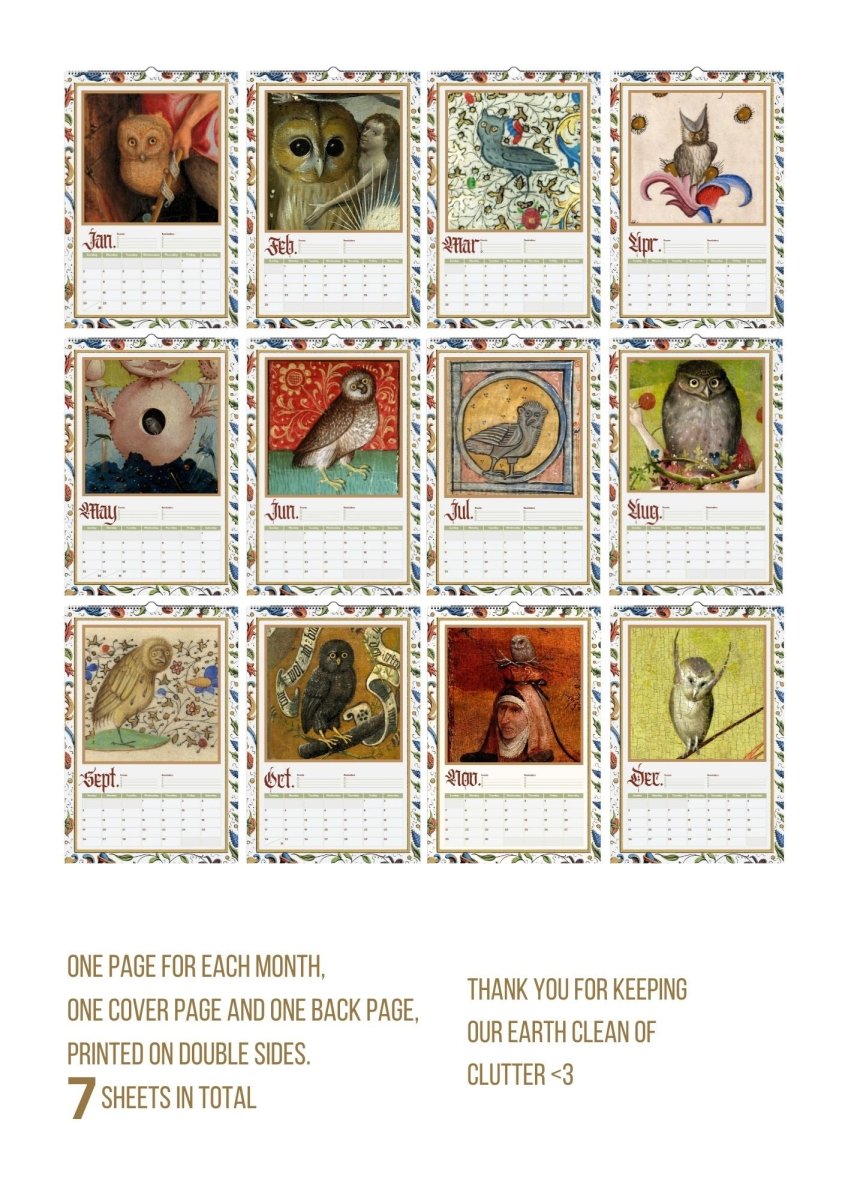 2027 Medieval Owls Calendar - DecorhardcorePrint Material