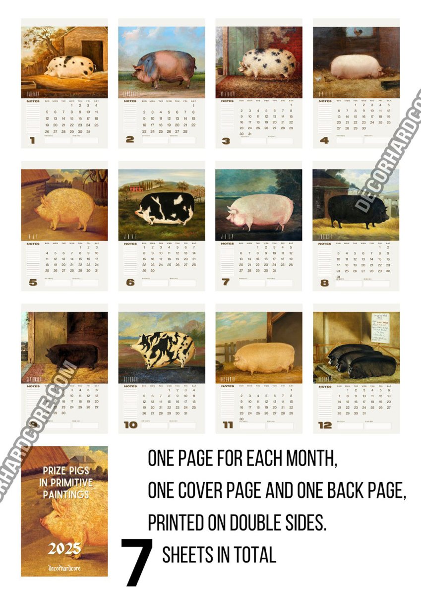 2025 Prize Pigs in Primitive Paintings Wall Calendar - DecorhardcorePrint Material