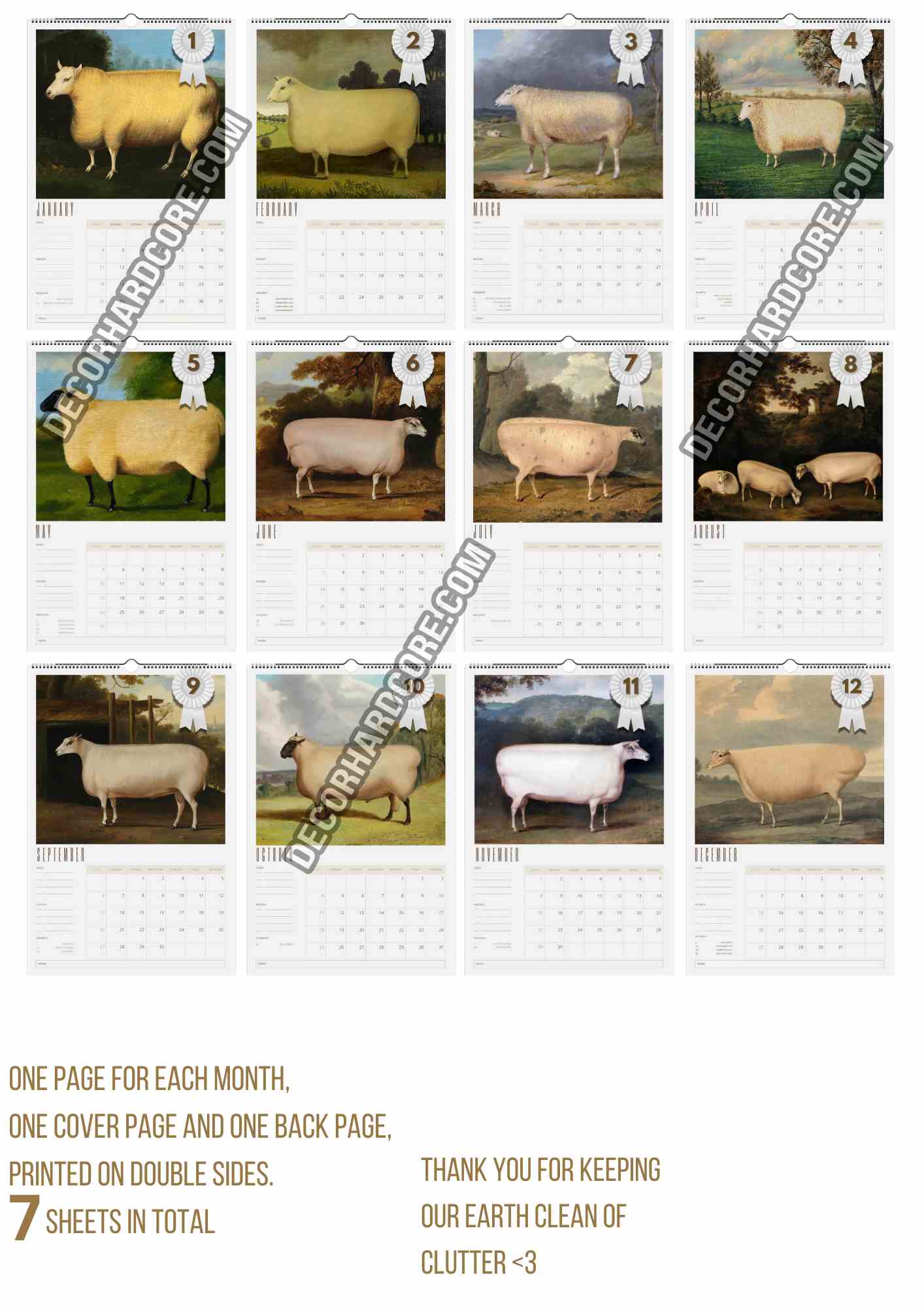 2026 Prize Sheep in Primitive Paintings Wall Calendar - DecorhardcorePrint Material