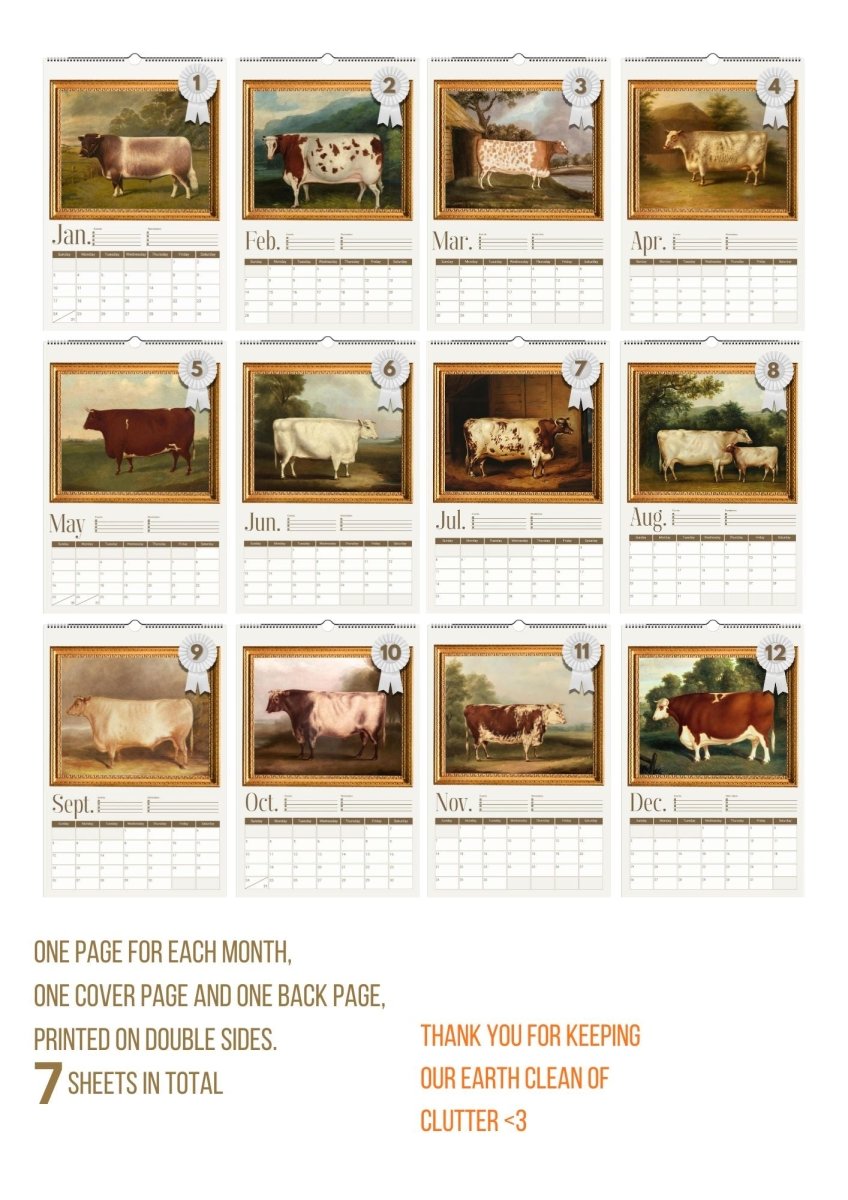 2027 Prize Cows in Primitive Paintings Wall Calendar. - DecorhardcorePrint Material
