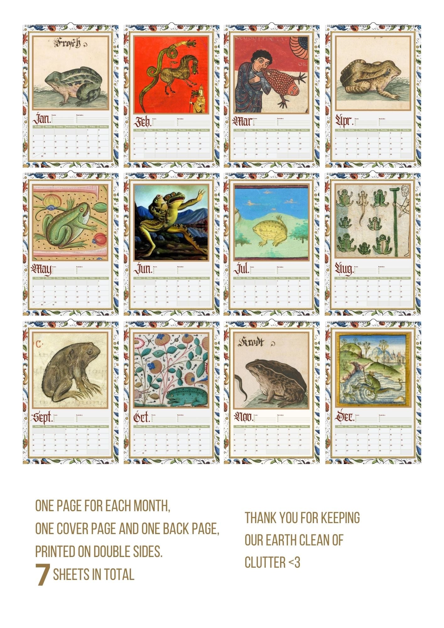 2027 Medieval Frogs Calendar, Funny Illuminated Manuscript Bird Art Planner, Creepy Marginalia oddities & curiosities Novelty Gift