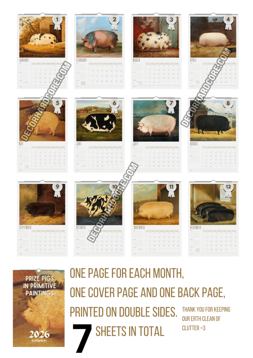 2026 Prize Pigs in Primitive Paintings Wall Calendar - DecorhardcorePrint Material