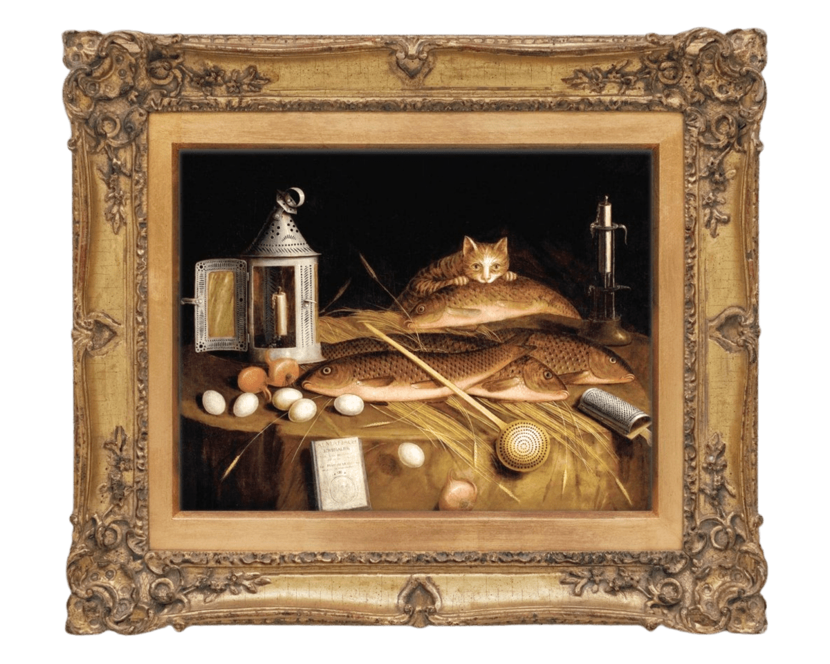 Circle Of Sebastian Stoskopff, Kitchen Still Life With Fish And Cat. Print of a Painting. Reproduction. Wall Art - DecorhardcorePrint Material