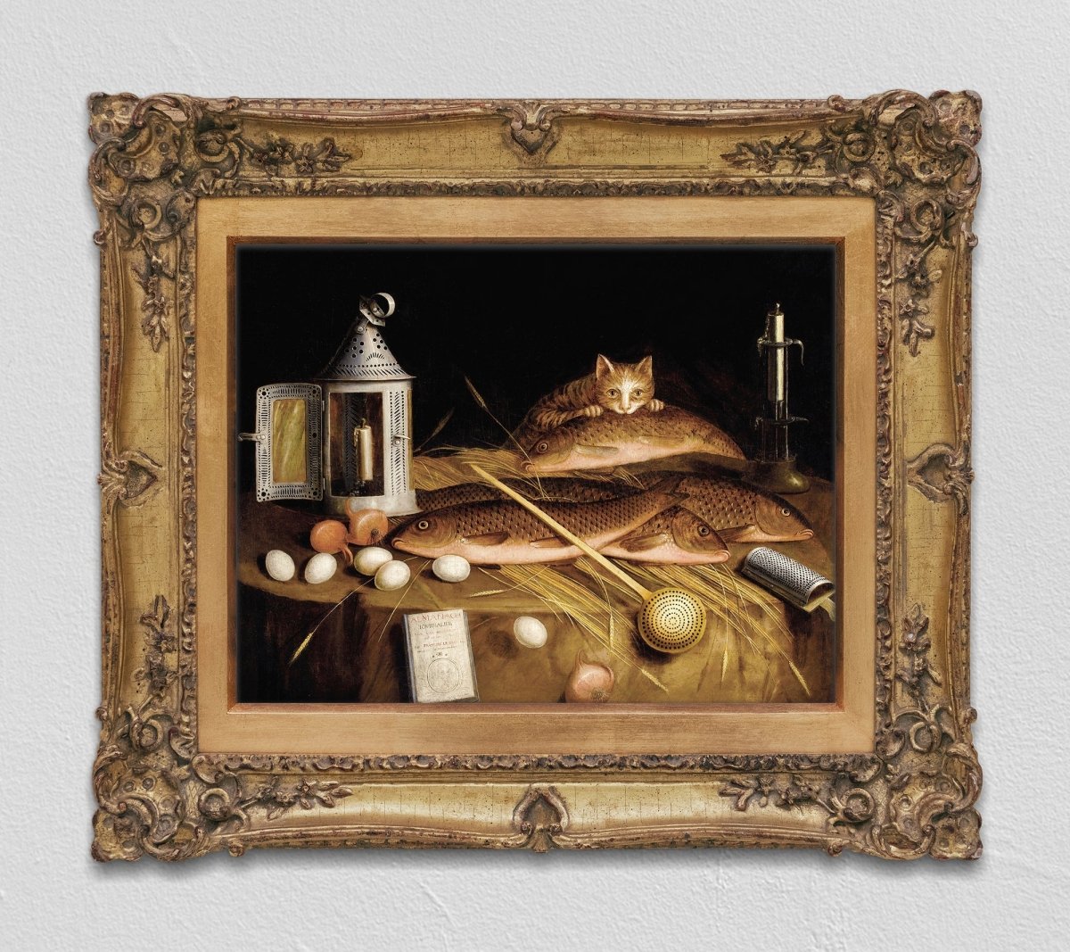 Circle Of Sebastian Stoskopff, Kitchen Still Life With Fish And Cat. Print of a Painting. Reproduction. Wall Art - DecorhardcorePrint Material