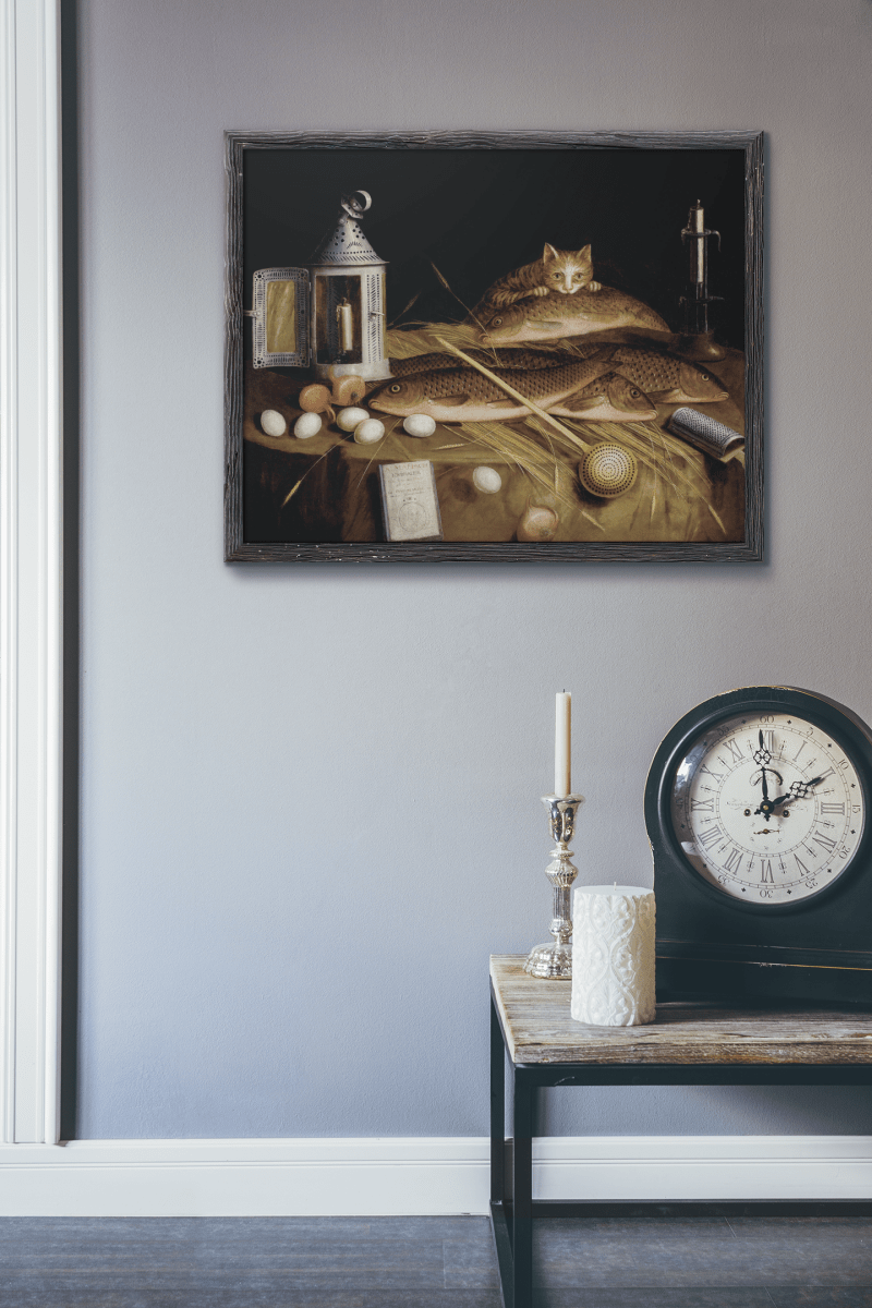 Circle Of Sebastian Stoskopff, Kitchen Still Life With Fish And Cat. Print of a Painting. Reproduction. Wall Art - DecorhardcorePrint Material